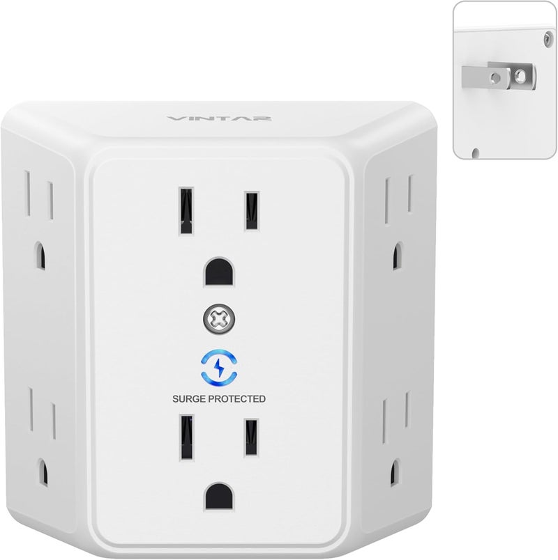 VINTAR 2 Prong to 3 Prong Outlet Adapter, 3 Sided 6 Outlet Widely Spaced Extender, Polarized Plug, 2 Prong Power Strip, 900J Wall Charger Surge Protector, Mountable Wall Tap for Non Grounded Outlets - Image 1